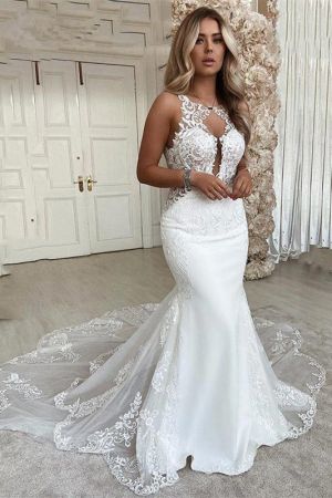 Column V-neck Sleeveless Chapel Train Chinlon Wedding Dress With Lace