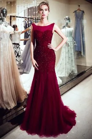 Mermaid Scoop Neck Sleeveless Chapel Train Tulle Evening Dress With Sequins