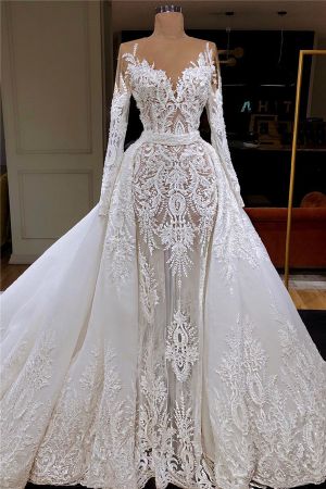 A-line Jewel Neck Cathedral Train Tulle Wedding Dress With Lace