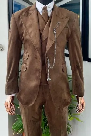Jasper Brown Suede-Texture Peaked Lapel 3-Piece Suit