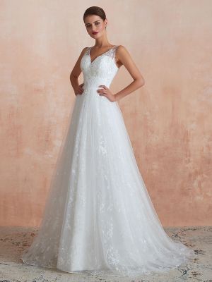A-line V-neck Sleeveless Floor-length Lace Bridal Dress With Lace