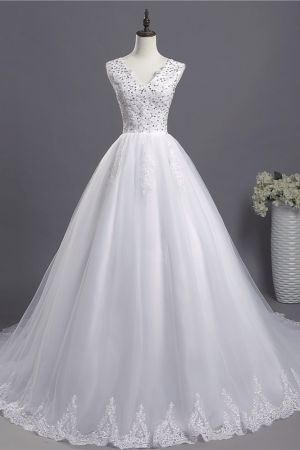 A-line Straps V-neck Sleeveless Floor-length Tulle Wedding Dress With Appliques