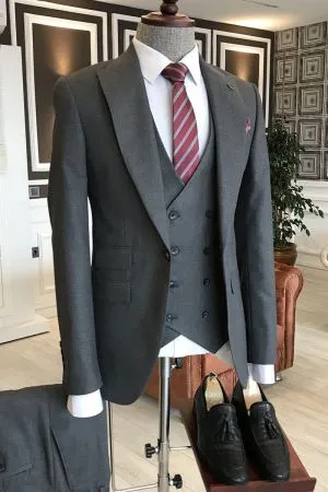 Dark Gray 3-Pieces Business Men Suit with Peaked Lapel