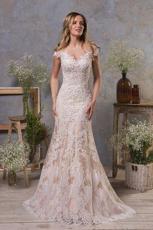 Mermaid Jewel Neck Sleeveless Sweep / Brush Train Lace Bridal Gown With Pearls