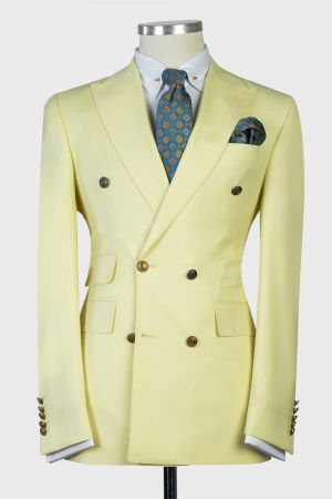 Light Yellow Double Breasted Men Suit with Peaked Lapel