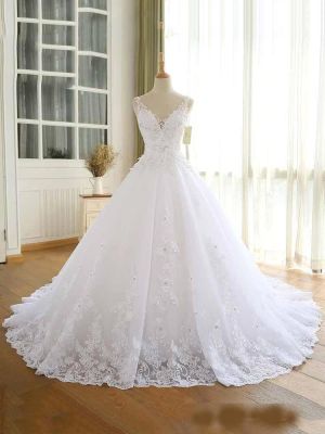 A-line V-neck Sleeveless Sweep / Brush Train Lace Bridal Gown With Appliques
