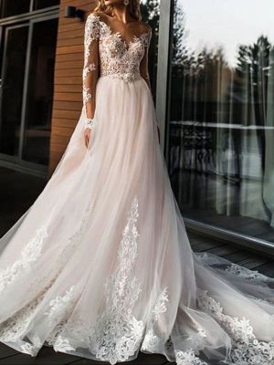 A-line V-neck Long Sleeves Chapel Train Lace Bridal Gown With Lace