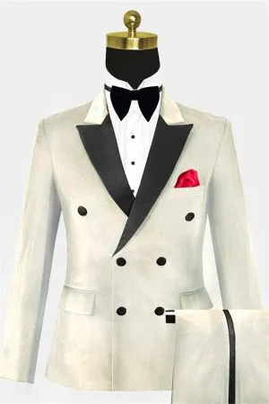 Ivory Double Breasted Velvet Prom Suit with Four Buttons