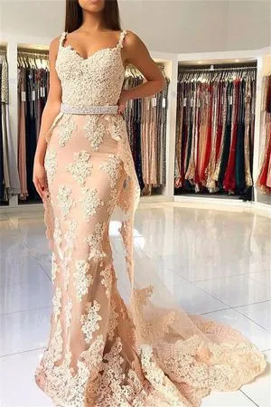 Mermaid Spaghetti Straps Sleeveless Sweep / Brush Train Formal Dress With Lace