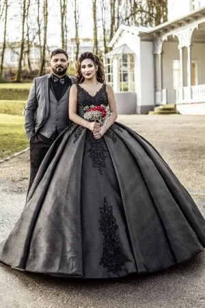 V-neck Sleeveless Court Train Satin Bridal Gown With Lace