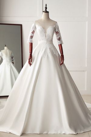 A-line Jewel Neck Long Sleeves Chapel Train Satin Wedding Gown With Lace