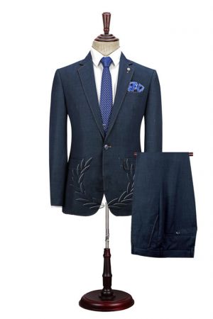 Dark Navy Notched Lapel Men's Business Suit