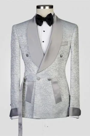 Silver Double Breasted Men's Suit with Shawl Lapel for Wedding