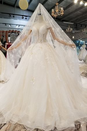 Ball Gown Cathedral Train Tulle Bridal Dress With Beading