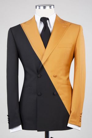 Yellow and Black Double Breasted  Prom Suit
