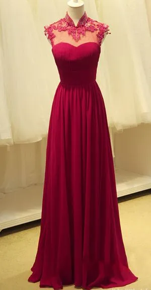 A-line High Neck Sleeveless Floor-length 100D Chiffon Evening Dress With Appliques