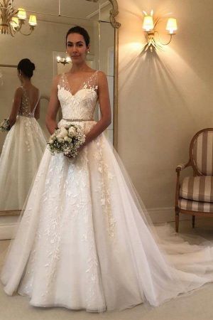 A-line V-neck Sleeveless Chapel Train Tulle Bridal Gown With Lace