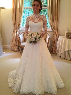 Ball Gown High Neck Long Sleeves Lace Wedding Gown With Court Train