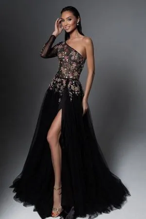 A-line One Shoulder Long Sleeves Floor-length Tulle Evening Gown With Appliques