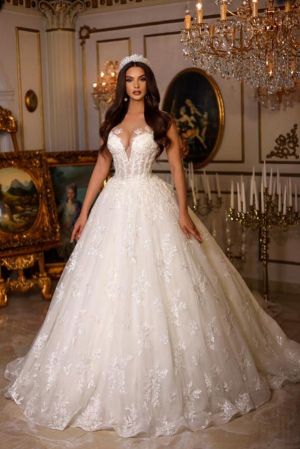 A-line Jewel Neck Sleeveless Sweep / Brush Train Lace Wedding Gown With Appliques
