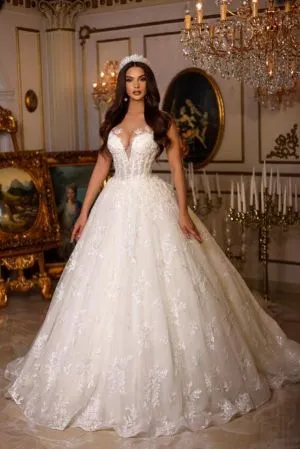 Deep V-Neck Shimmering Ball Gown with Floral Lace Appliques and Cathedral Train