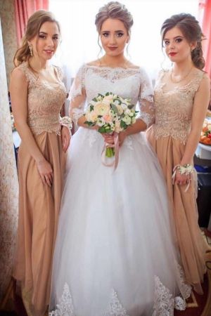 Ball Gown Bateau Neck Long Sleeves Sweep / Brush Train Lace Bridal Gown With Lace