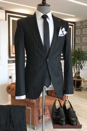 Black Striped Formal Men Jacket with Notched Lapel