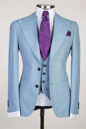 Sky Blue Striped Peaked Lapel Three Pieces Men Business Suit