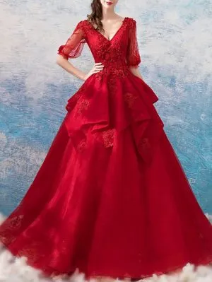 Ball Gown V-neck Half-Sleeves Floor-length Lace Bridal Dress With Lace