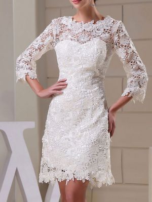 Column Long Sleeves Knee-length Lace Bridal Dress With Lace