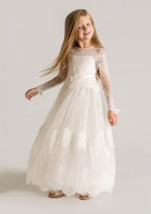 A-line Jewel Neck Floor-length Tulle Flower Girl Dress With Lace
