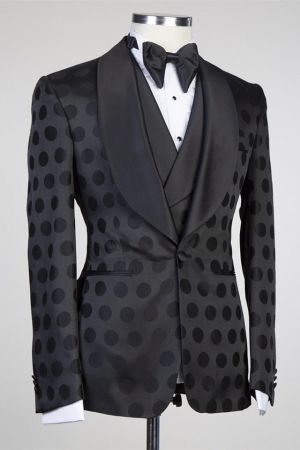 Black Pattern Slim Fit Shawl Lapel Men Suit
