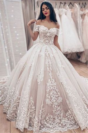 Ball Gown Off-the-shoulder Sleeveless Court Train Tulle Wedding Gown With Lace