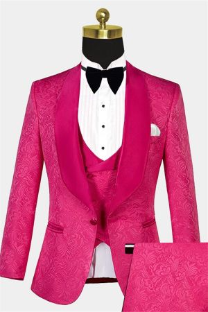 Floral Pink Slim Fit Jacquard Suit with One Button
