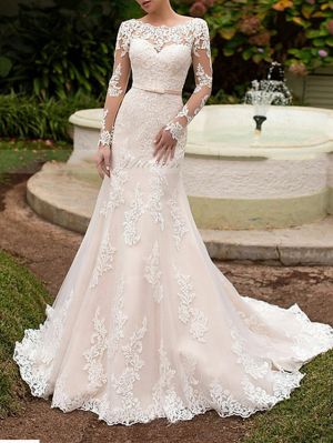 Mermaid Long Sleeves Sweep / Brush Train Tulle Wedding Dress With Lace
