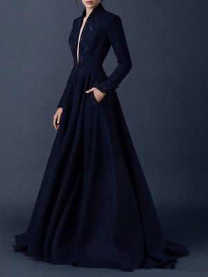 A-line V-neck Long Sleeves Sweep / Brush Train Tulle Bridal Gown With Buttons