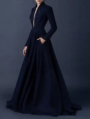 A-line V-neck Long Sleeves Sweep / Brush Train Tulle Bridal Gown With Buttons
