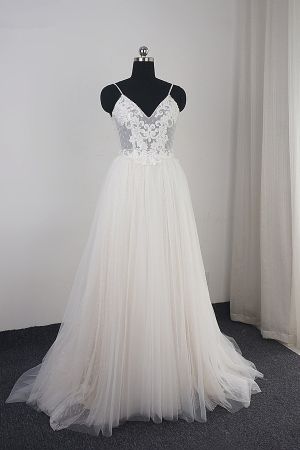 Mermaid Spaghetti Straps V-neck Sleeveless Floor-length Tulle Bridal Dress With Ruffles