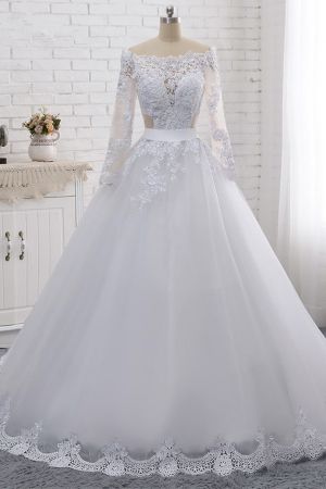 A-line Off-the-shoulder Long Sleeves Floor-length Tulle Wedding Dress With Lace