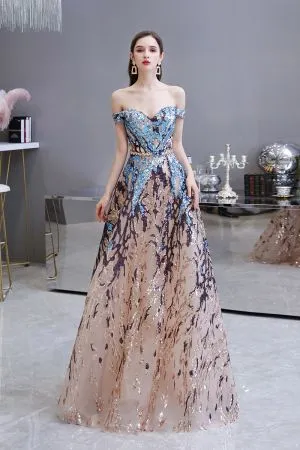 A-line Off-the-shoulder Sweetheart Neck Cap Sleeves Sweep / Brush Train Tulle Formal Dress With Rhinestone