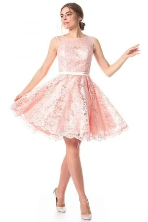 A-line Jewel Neck Sleeveless Knee-length Lace Party Dress With Ribbons