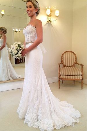Column Sweetheart Neck Sleeveless Sweep / Brush Train Bridal Gown With Lace