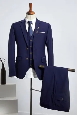 Dark Blue Notched Lapel 2 Button Slim Fit Business Suit