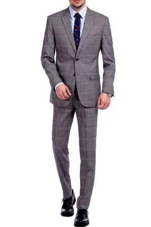 Grey Check Pattern Single Breasted Wool Blend Men's Suit for Business