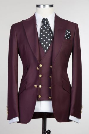 Burgundy Three Pieces Men Suit with Peaked Lapel