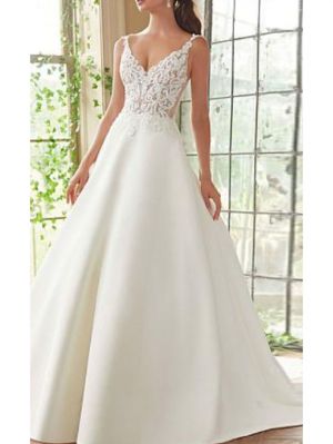 A-line V-neck Court Train Lace Wedding Gown With Buttons