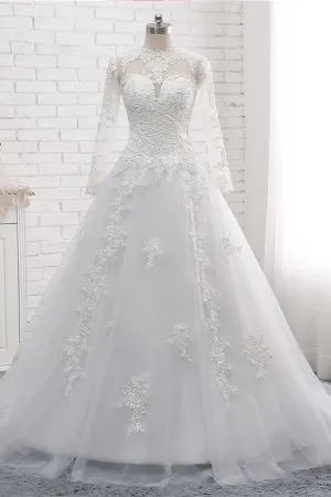 A-line Jewel Neck Long Sleeves Floor-length Tulle Wedding Dress With Lace
