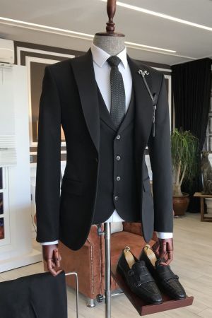 All Black Business Suit with Peaked Lapel