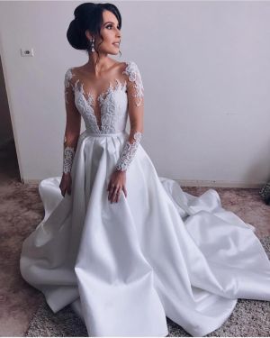 A-line V-neck Long Sleeves Wedding Dress With Appliques