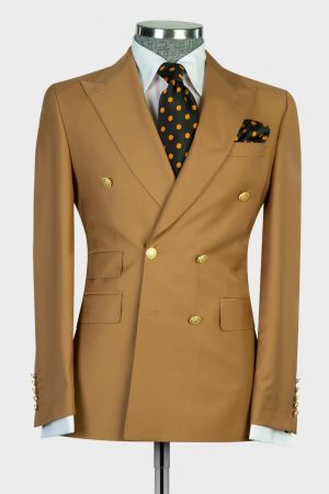 Light Brown Double Breasted Business Men Suit with Peaked Lapel